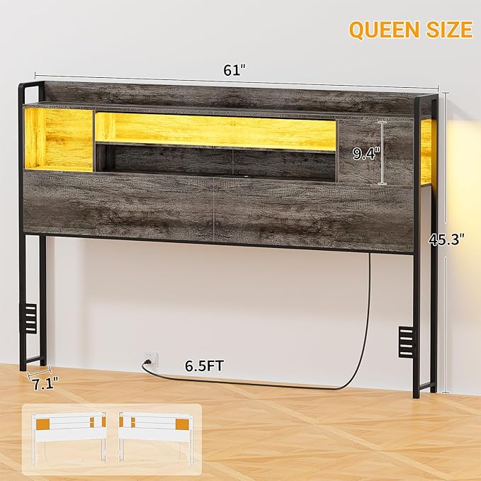 Unikito Headboard for Queen Size Bed, Bookcase Style Head Board with Power Outlet and RGB LED Light, Reversible Headboard with Storage, Height Adjustable, Sturdy and Stable, Queen Size, Black Oak