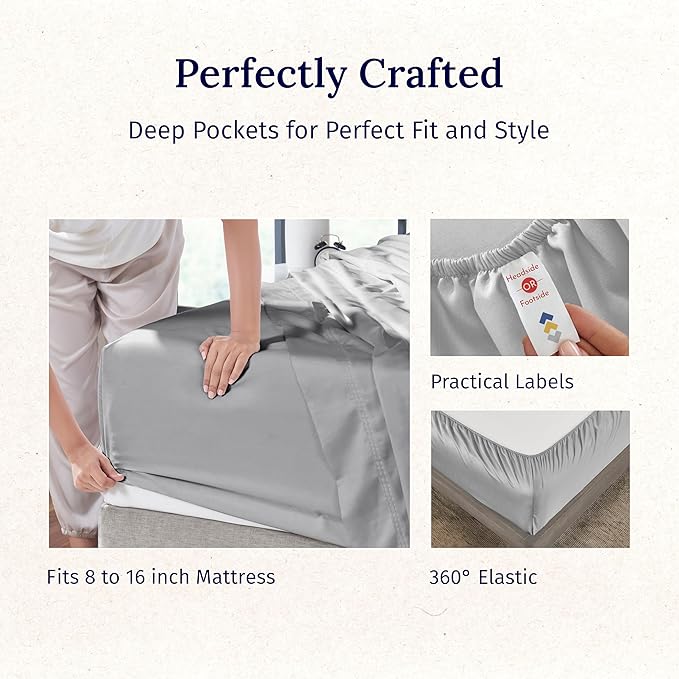 California Design Den Deep Pocket King Sheets Set - Luxury 600 Thread Count 100% Cotton Sateen, King Size Sheet Set with All Around Elastic for a Snug Fit, Hotel Quality Bedding - Light Grey