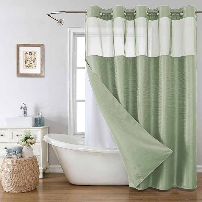 Extra Long No Hook Shower Curtain with Snap-in Fabric Liner Set,Sage Green Waffle Weave Shower Curtains for Bathroom,Hotel Luxury Decor Bathroom Curtain Set,Waterproof & Washable,71Wx86H