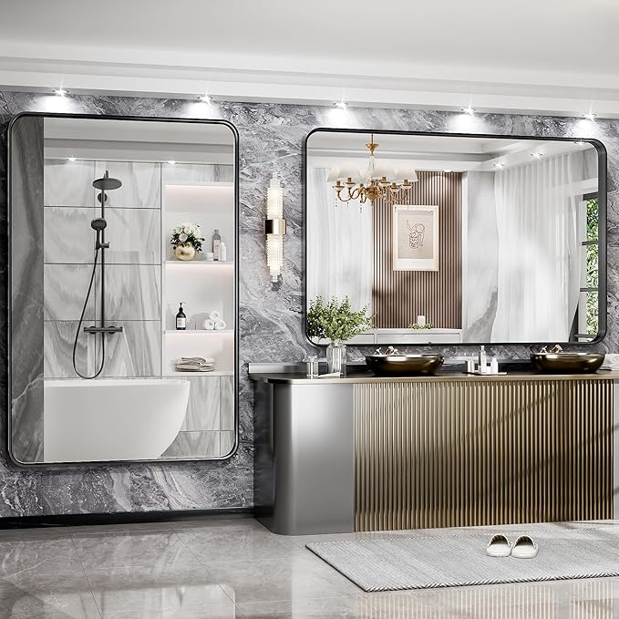 Hasipu Black Bathroom Mirror 59x39 Inch Rounded Rectangle Vanity Mirror Metal Framed Wall Mirrors Anti-Rust Surface Mount (Horizontal/Vertical)