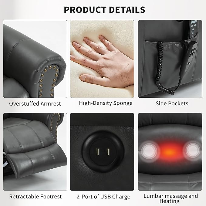 Recliner Chairs for Adults, Oversized Bedroom Chair with Massage, Sofa Chair Home Theater Seating with Lumbar Support, Comfortable Lift Chair for Elderly, Glider Nursery Chair for Living Room