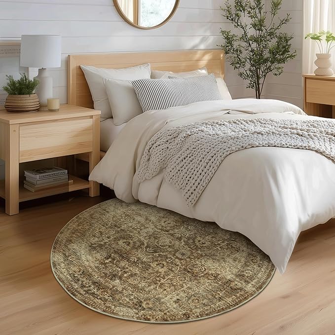FMFUNCTEX 4ft Round Washable Area Rug Brown Vintage Neutral Distressed Small Non Slip Carpet for Living Room Bedroom Soft Low Pile Indoor Mat Retro Floral Throw Rug for Dining Room Kitchen Office