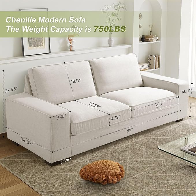 EASELAND 89" Modern Sofa Couch for Living Room, Chenille Sofa Couch with Wide Armrest,3 Seater Deep Seats Loveseat with Removable Cover Easy to Install(Beige)