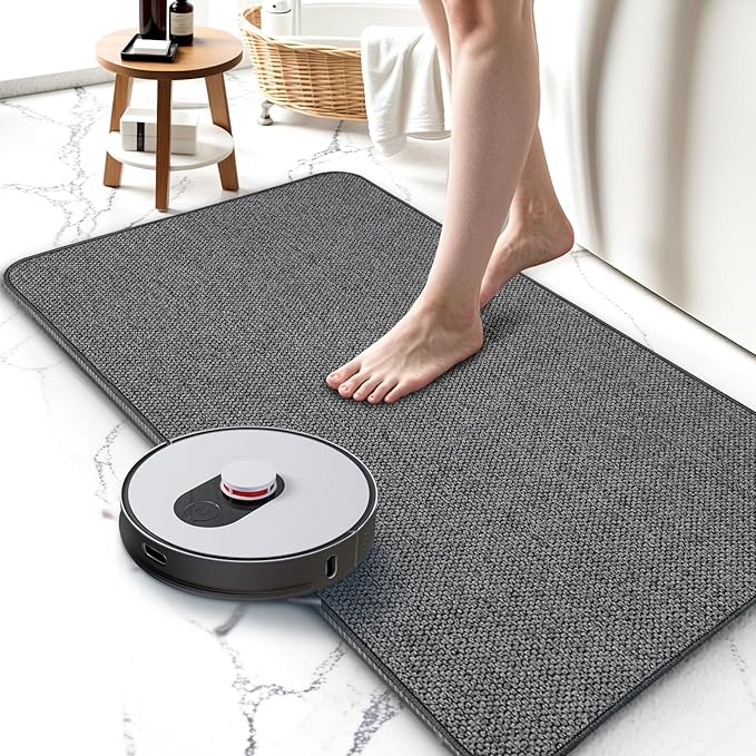 Thin Bathroom Rugs, Bath Mat Super Absorbent, Bath Rugs Rubber Backing Non-Slip, Quick Dry Machine Washable, Cozy Cloth Bathroom Mat fit Under Door/Sink/ Bathtub/Floor/Shower 17''x27''-Dark Grey