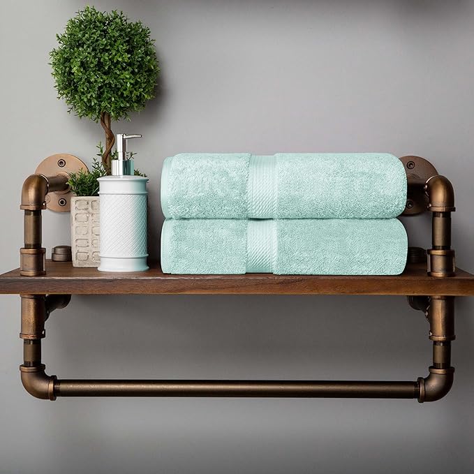 Superior Egyptian Cotton Pile Bath Towel Set of 2, Ultra Soft Luxury Towels, Thick Plush Essentials, Absorbent Heavyweight, Guest Bath, Hotel, Spa, Home Bathroom, Shower Basics, Sea Foam