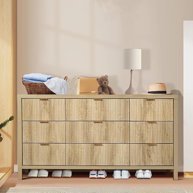 Fluted 9 Drawer TV Stand Dresser for Bedroom, Mid Century Modern Dresser with Drawers, Storage Organizer with 9 Drawers, Fluted Cabinet for Closet Cloth, Living Room, Entryway -Natural