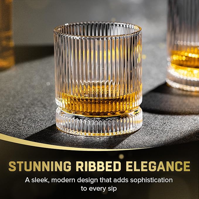 Ribbed Whiskey Glasses Set of 2, 12 Oz Lead-Free Crystal Heavy Base Barware Glass, Perfect for Bourbon Rocks Cocktail Scotch Drinking