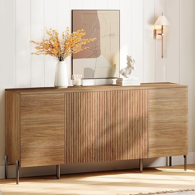 WAMPAT 61.6" TV Stand Cabinets for TVs up to 75 Inches, Entertainment Center with Storage Cabinets and 4 Doors, Mid Century Modern Media TV Console Table for Living Room Bedroom, Brown