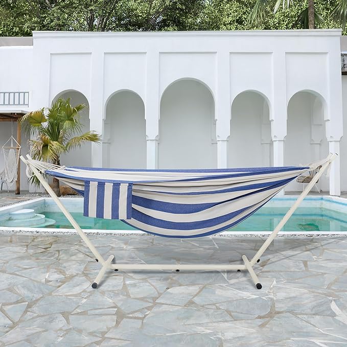 LazyDaze Hammocks Double Hammock with Stand - 2 Person Heavy Duty Outdoor Hammock for Adults, Includes Durable Steel Stand, Portable Carrying Bag and Pillow, Blue White