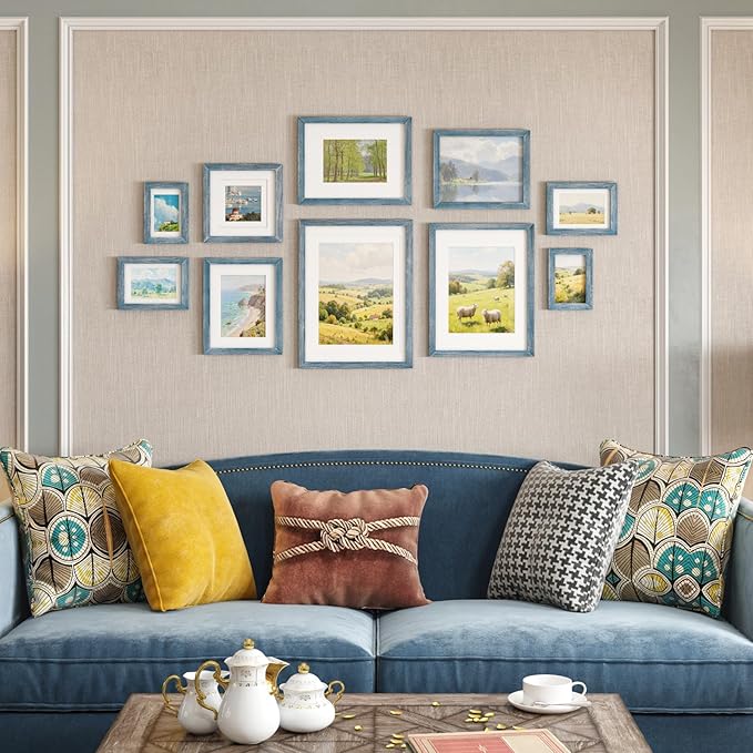 Egofine 11x14 Picture Frame Made of Solid Wood Covered by Plexiglass, Display Pictures 5x7/8x10 with Mat or 11x14 Without Mat for Table Top Display and Wall Mounting Photo Frame, Rustic Blue