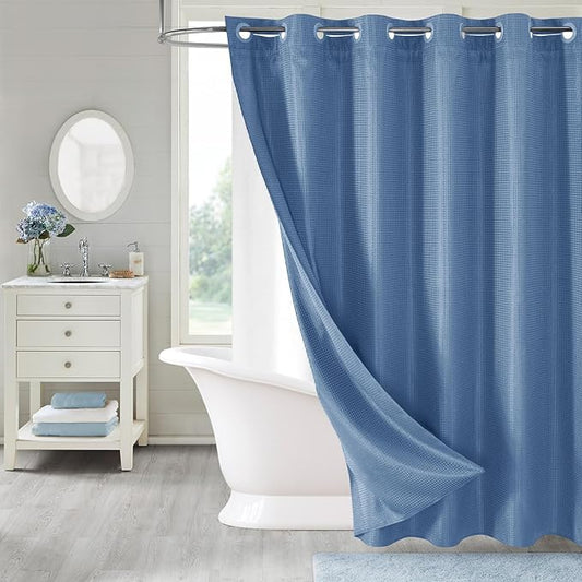 MitoVilla No Hooks Needed Extra Long Shower Curtain Set with Snap-in Liner, Blue 86 inch XL Heavyweight Waffle Fabric Cloth Shower Curtains for Modern Luxury Hotel & Spa Bathroom Decor, Moonlight Blue