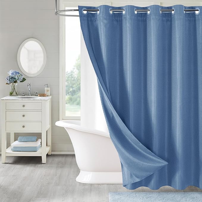MitoVilla Blue Long Shower Curtain 72 x 80, No Hooks Needed 80 inch Long Heavyweight Waffle Fabric Shower Curtain Set with Snap-in Liner for Hotel Grade Spa-Like Bathroom Decor, Moonlight Blue