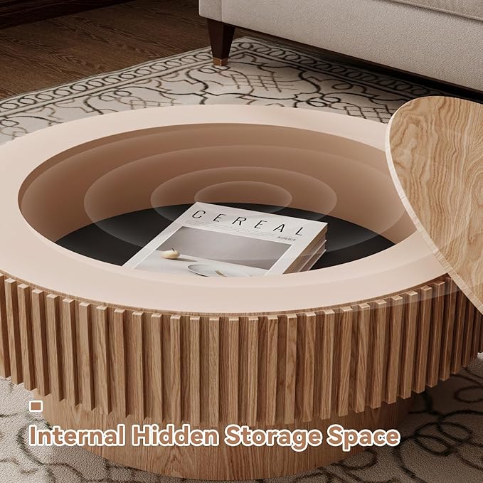 Round Coffee Table for Living Room, Accent Fluted Drum Coffee Table with Storage, Modern Solid Wood Veneered Circle Center Tea Table for Small Space Apartment (31.5''D×14''H-Natural)