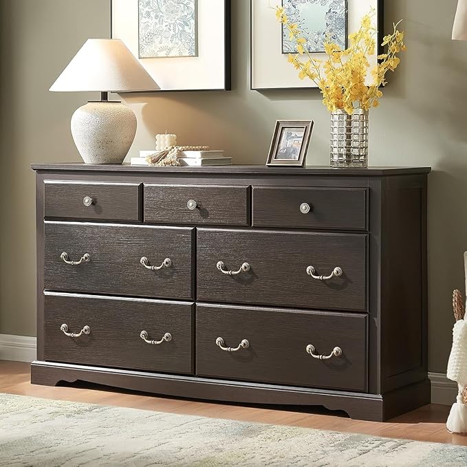 AMERLIFE 7 Drawers Dresser for Bedroom, Farmhouse Chest of Drawers with Vintage Metal Handle, Wooden Dresser Organizer for Hallway, Espresso