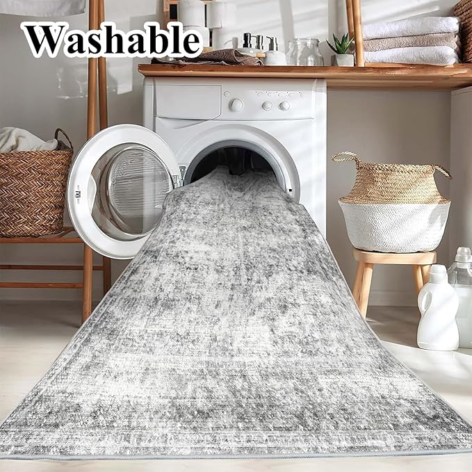Area Rug 4x6 Washable Rug Gray Vintage Traditional Floor Cover Foldable Thin Retro Accent Indoor Distressed Non Slip Carpet Floral Print Mat Bedroom Living Room Bathroom