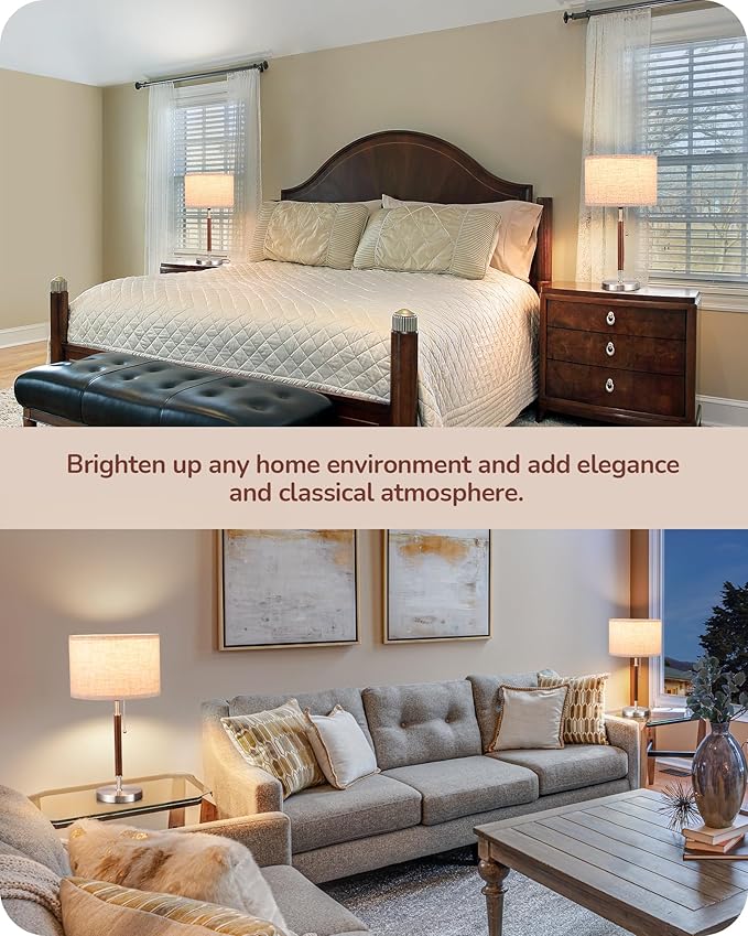 EDISHINE Mid Century Table Lamp Set of 2, Pull Chain Switch Bedside Lamp, Linen Shade, Solid Wood Pole & Brushed Nickel Metal Base, Modern Nightstand Lamp for Bedroom, Living Room, Office, E26 Base