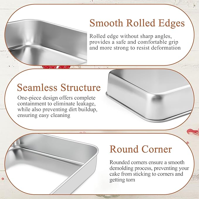 LIANYU Rectangle Baking Pan Set of 3, 12⅓ x 9¾ x 2 Inch Cake Lasagna Pan, Stainless Steel Toaster Oven Bakeware for Casseroles Brownies, Oven & Dishwasher Safe