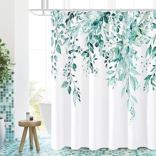 Gibelle Teal Eucalyptus Shower Curtain, Watercolor Plant Leaves with Floral Bathroom Shower Curtain Set with Hooks, 72x72