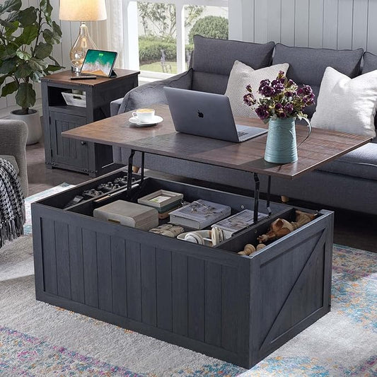 48" Lift Top Coffee Table, Farmhouse Cocktai with Sliding Groove Barn Door, Rustic Wood Center Table w/Double Storage Spaces for Living Room, Dark Grey