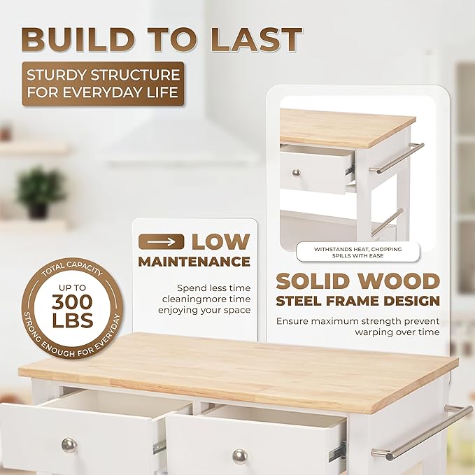 Rolling Kitchen Island Cart, White Kitchen Cart with Rubberwood Top, Ample Storage Drawers, Adjustable Shelves, Utility Cart with Wheels for Small Kitchens, 35” Height