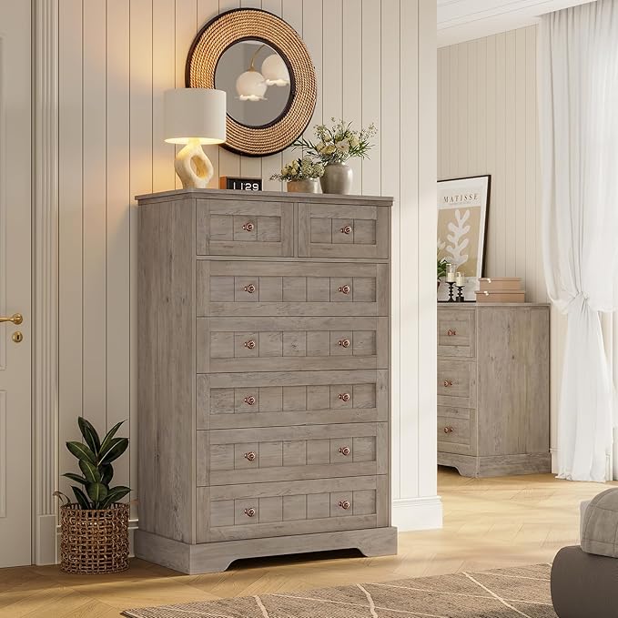 Hasuit Farmhouse Dresser for Bedroom, 7 Drawers Dresser, 51.4"Tall Dressers Chest of Drawers with Hand Carved Panel, Large Wood Closet Storage Organizer Rustic Dressers for Bedroom Living Room Hallway