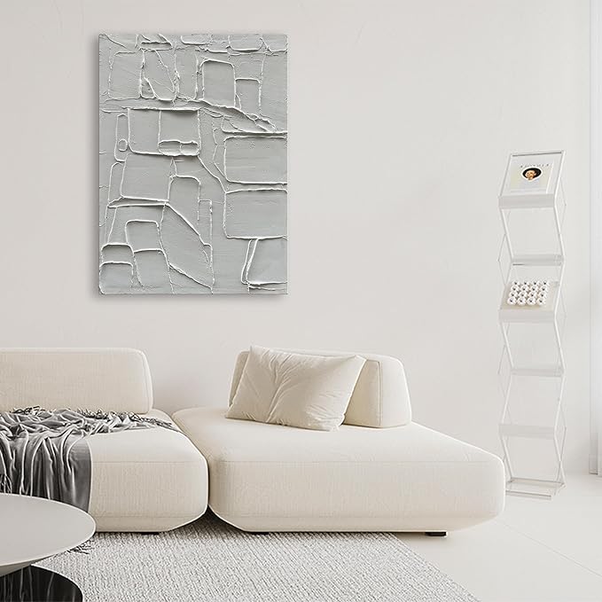 Art Hand-Painted Thick Texture White Minimalist Oil Painting Home Wall Decorative Art 40x28 inch