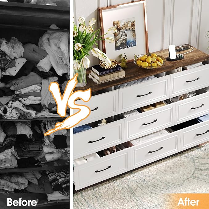 Fameill Dresser for Bedroom, 9 Drawer Wide Dresser Organizer with Charging Station, Tall Dresser for Hallway, Wood Dresser with Metal Handles, Farmhouse White