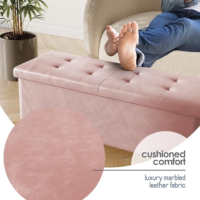 STORAGEBUD Storage Ottoman Bench with Bins, 43-in Storage Bench for Bedroom End of Bed, Folding Foot Rest Ottoman for Living Room Max 660lbs, Faux Leather Ottomans, Pink