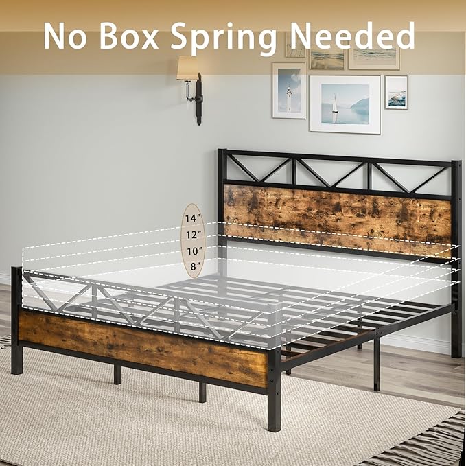 King Size Bed Frame and 51.2" Tall Headboard, King Platform Bed Frame with Headboard, Heavy Duty Metal Slats Support, No Box Spring Needed, Noise-Free, Easy Assembly, Rustic Brown