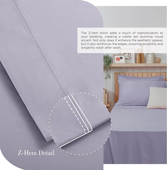 Linen Home 100% Cotton Percale Sheets Twin Size, Prelude Purple, Deep Pocket, 3 Pieces Set - 1 Flat, 1 Deep Pocket Fitted Sheet and 1 Pillowcase, Crisp Cool and Strong Bed Linen