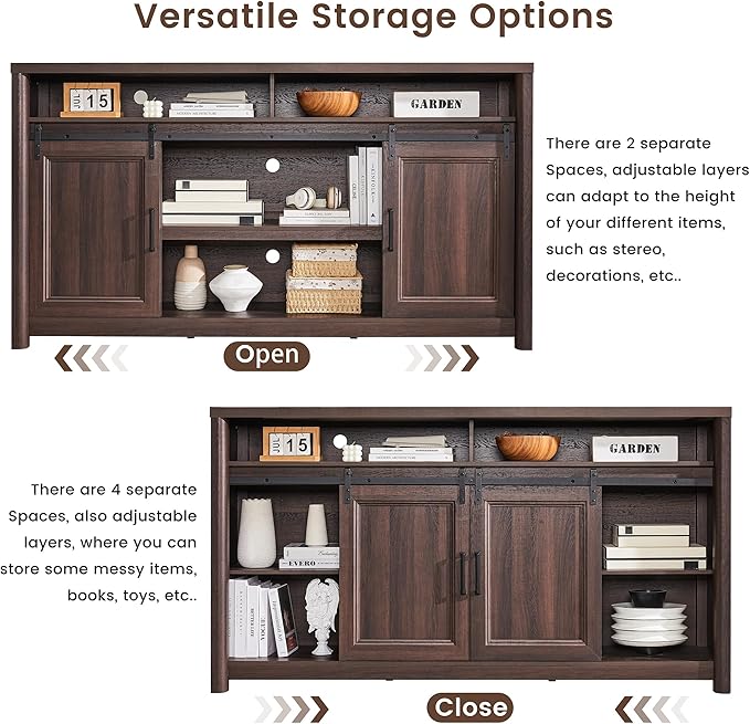Farmhouse TV Stand for Living Room, Entertainment Center with Storage, Walnut TV Console for Bedroom, Media Storage Cabinet with Sliding Barn Doors & Adjustable Shelves, Fits 80 Inch TV, Rustic Wood