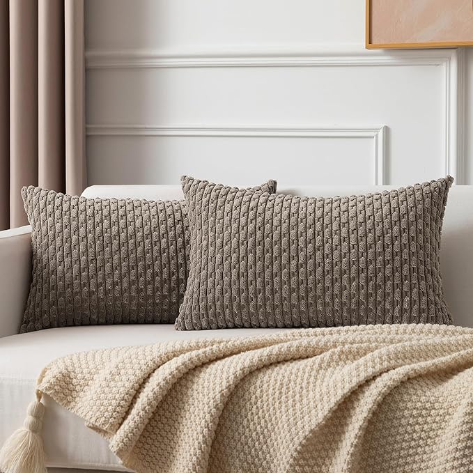 Kevin Textile Pack of 2 Light Brown Lumbar Decorative Throw Pillow Covers 12x20 Inch for Living Room Couch Soft Corduroy Rectangle Solid Cushion Case 30x50 cm Rustic Farmhouse Boho Home Decor