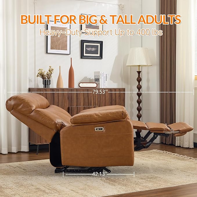 AEDI 450lbs Genuine Leather Power Recliner Chair for Big and Tall Adults Oversized Electric Reclining Sofa for Living Room,Extra Wide 27.5” Seat,Extended Footrest,USB Charging(Top Grain Leather,Camel)