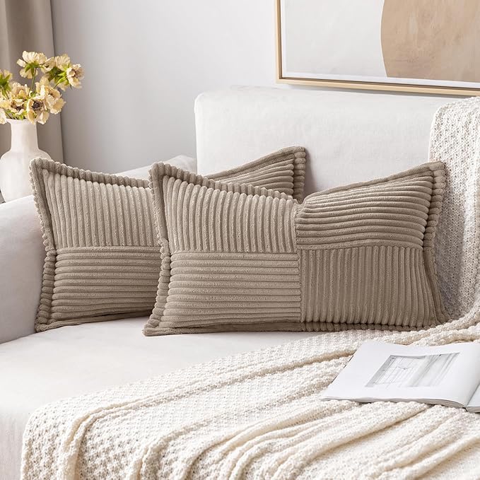 MIULEE Decorative Lumbar Throw Pillow Covers for Couch Bed Livingroom 12x20 Inch Set of 2 Light Brown Boho Accent Throw Pllows Broadside Striped Patchwork Soft Corduroy Pillowcases