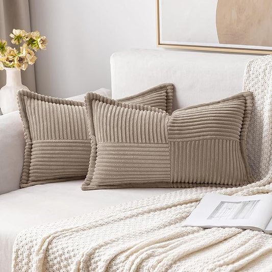 MIULEE Decorative Lumbar Throw Pillow Covers for Couch Bed Livingroom 12x20 Inch Set of 2 Light Brown Boho Accent Throw Pllows Broadside Striped Patchwork Soft Corduroy Pillowcases