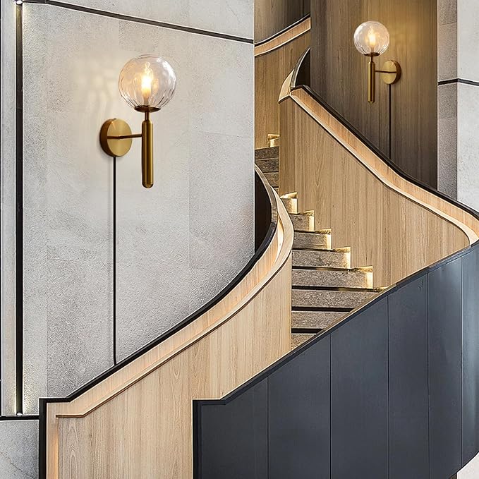 KCO Lighting Plug in Globe Wall Light Vintage Industrial Wall Sconce Lighting Fixture with On/Off Switch, Metal Wall Lamp for Bedroom Living Room Hallway,(Clear Plug in)