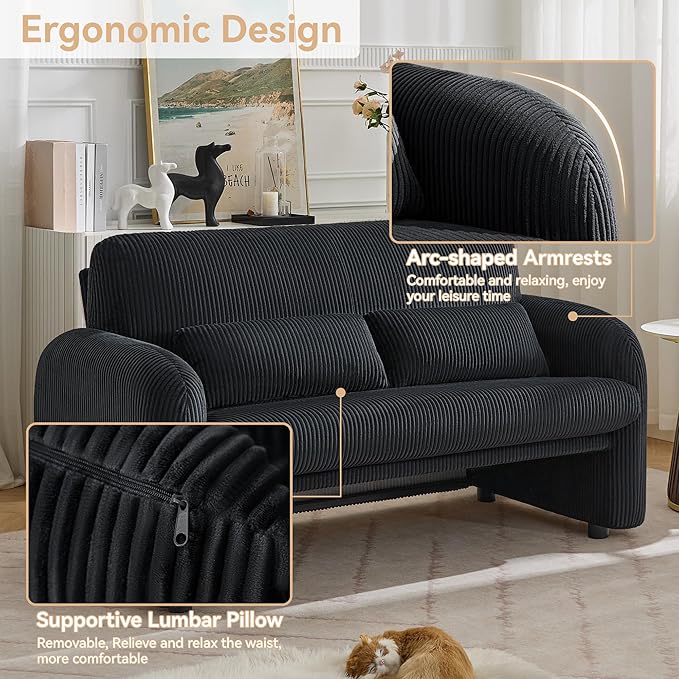 Corduroy Accent Living Room Sets, Modern Upholstered Love Seat with 2 Accent Chairs, Wide Comfy Leisure Chair Sets for Bedroom, Office, Black