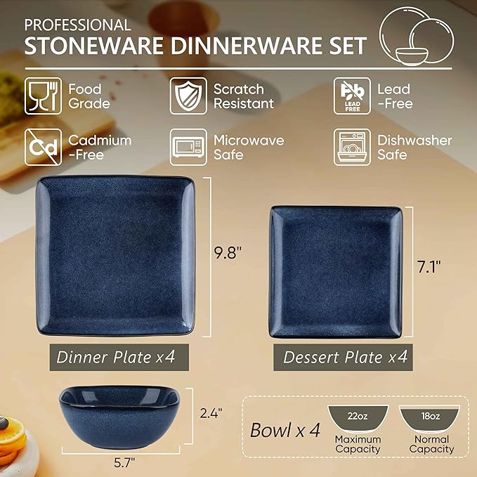 Herogo 12 Pieces Square Stoneware Dinnerware Set, Service for 4, Dinner Plates and Bowls Sets, Double Reactive Glaze Dishes Set for Kitchen, Scratch Resistant, Dishwasher Safe, Starry Blue