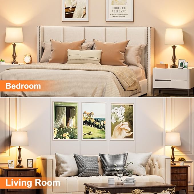 Upgraded Touch Lamps for Night Stands Set of 2 - Bedside Lamps with USB C+A, 3 Way Dimmable for Bedroom Living Room End Tables Office (White&Brown)