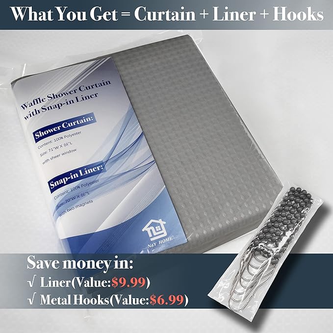 N&Y HOME Extra Long Waffle Weave Shower Curtain with Snap-in Fabric Liner Set, 12 Hooks Included - 71" x 84", Hotel Style, Mesh Top Window, Machine Washable & Water-Repellent - 71x84, Gray