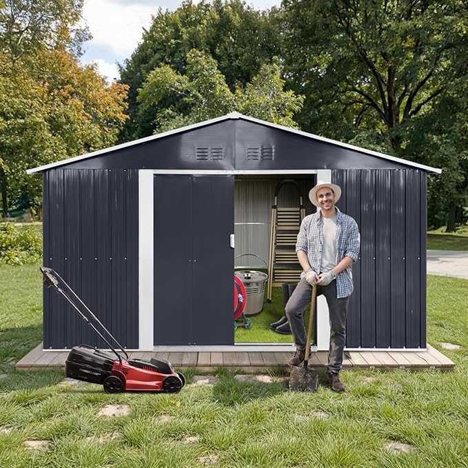 11x10.6 Ft Outdoor Storage Shed, Heavy-Duty Metal Shed with Windows & Secure Lockable Doors, Ideal Storage Shed for Outdoor, Patio, Garden, and Backyard, Black