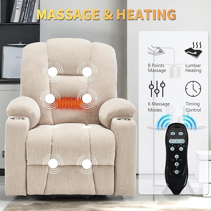Power Lift Chair with Massage & Heat, Electric Recliner Chairs for Adults, Remote Control, Living Room Sofa, Standing Assistance, USB Ports, Stainless Steel Cup Holders, Chenill, Beige
