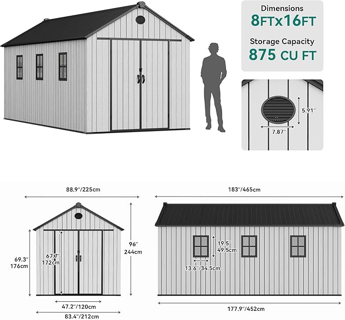 YITAHOME 8x16 FT Outdoor Storage Shed with Floor, Waterproof Plastic Garden Shed with Lockable Doors, 2 Vents & 3 Windows, 875 cu. ft. Resin Shed for Tools, Bikes, Patio or Backyard, Gray