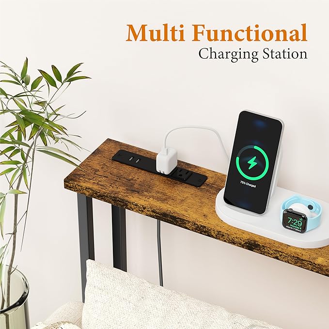 GRLEAF 39" Narrow Console Sofa Table with Built-in Power Strip (4 AC Outlets & 4 USB Ports) – 4.9ft Power Cord, Metal Frame, Easy Assembly, Ideal for Behind Couch, Hallway, and Office | Rustic Brown