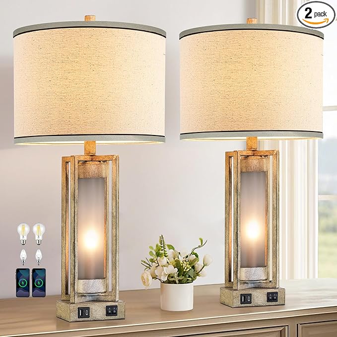 RORIANO 25" Set of 2 Farmhouse Table Lamps for Living Room with USB A+C Ports, Rustic Nightstand Lamp with White Night Light, Vintage Desk Lamp for Entryway Bedroom End Table, 4 Bulbs Included