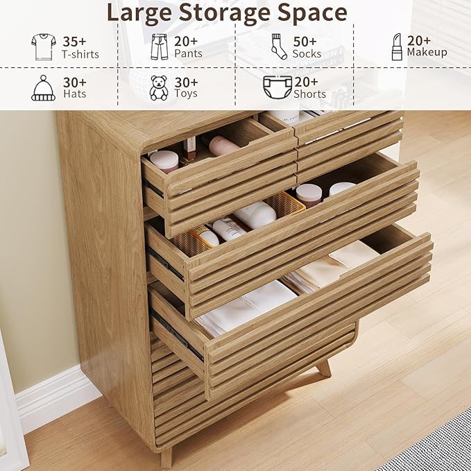 Fluted Dresser for Bedroom, Tall Dresser with 6 Drawers, Chests of Drawers with Grille & Curved Design, Dressers Slides Pre-Installed, Large Wood Drawer Organizer for Bedroom Hallway, Natural Oak