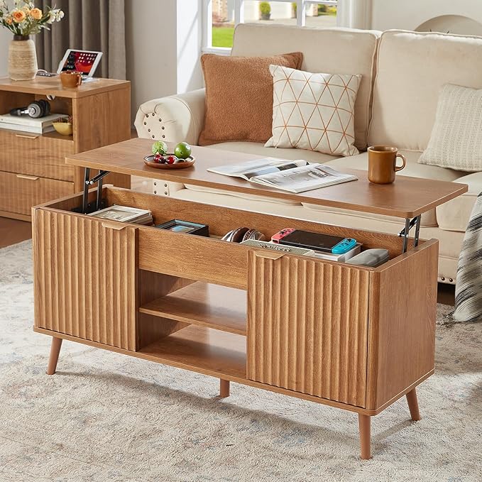 LEYAOYAO 48" Fluted Lift Top Coffee Table with Hidden Storage & Adjustable Shelves, Lifting Tabletop Large Rectangular Coffee Tables, Mid Century Modern Wood Center Table for Living Room, Brown