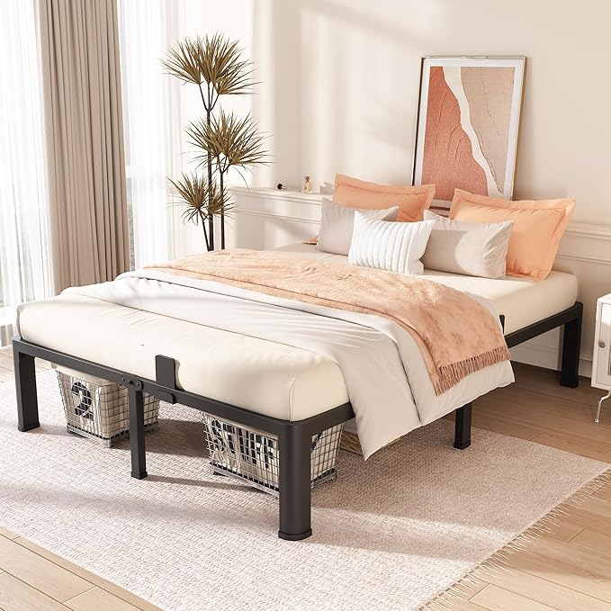 FUIOBYVV Full Size Bed Frame with Round Corner Edge Legs, 14 Inch Heavy Duty Support 3500 lbs Metal Platform Bed Frame Full, No Box Spring Needed/Non-Slip/Steel Slat Support/Noise Free