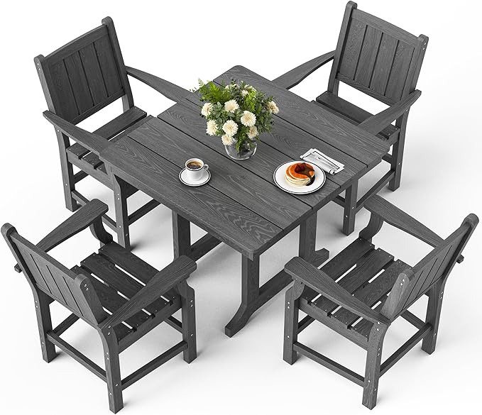 Wood Grain 5-Piece Outdoor Dining Set, Spacious HDPE Outdoor Table and Chairs, All-Weather Patio Table and Chairs Set with Umbrella Hole and Elegant Armrest for Porch, Poolside, Gray
