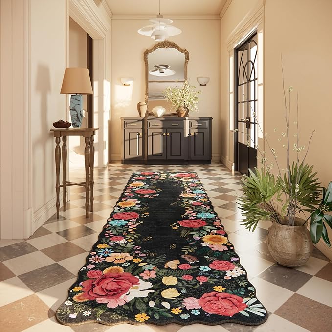 Hallway Rug 2'6''x10' Long Washable Floral Hallway Runner Rug Boho Vintage Low Pile Carpet for Entryway, Laundry Room High Traffic Areas, Indoor Rug for Bathroom (Black